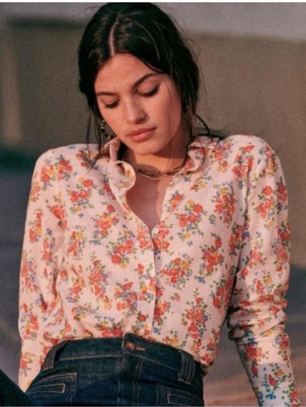 Sezane White Floral Button-Up Blouse with Red, Pink, Yellow & Blue Flowers